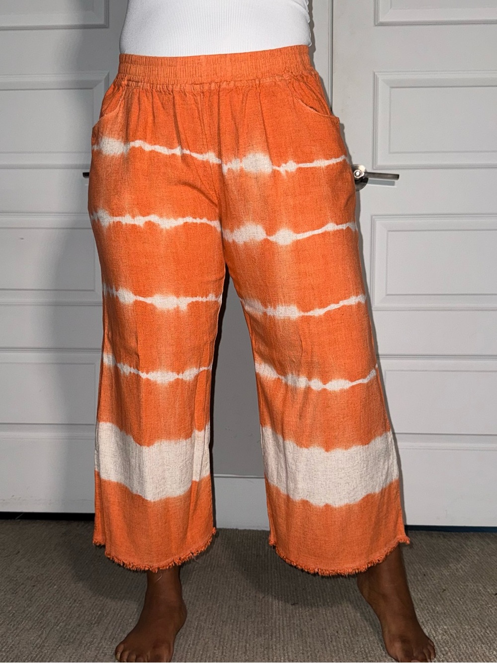 Umgee Orange Linen-Blend Tie-Dye Cropped Wide-Leg Culottes